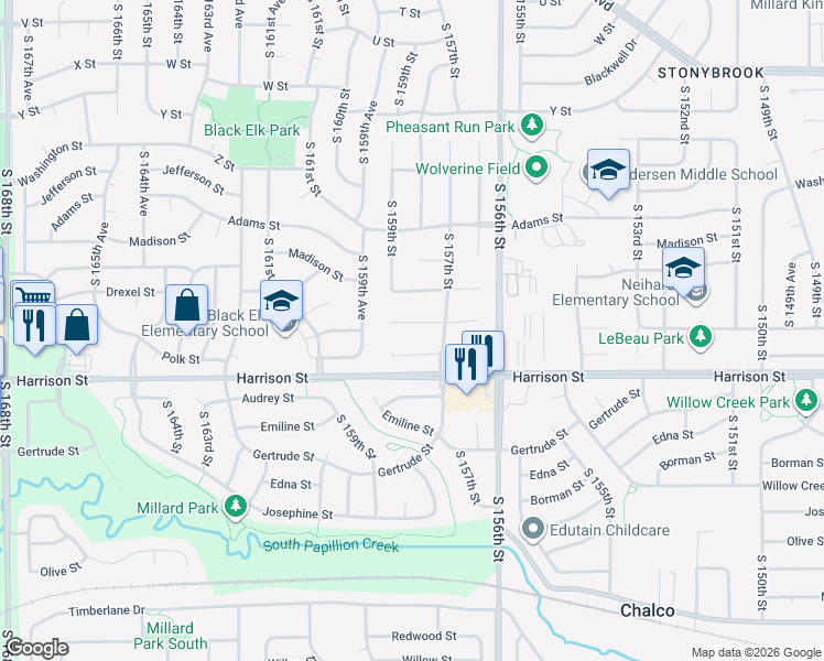 map of restaurants, bars, coffee shops, grocery stores, and more near 15806 Polk Circle in Omaha