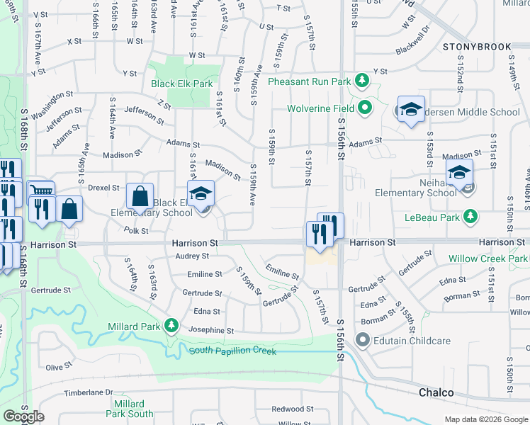 map of restaurants, bars, coffee shops, grocery stores, and more near 15953 Polk Street in Omaha