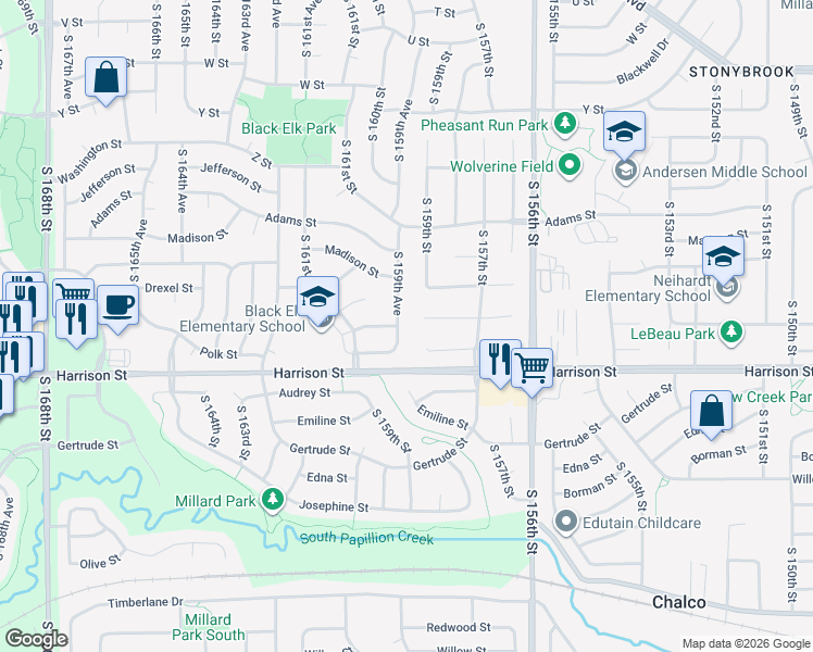 map of restaurants, bars, coffee shops, grocery stores, and more near 15953 Polk Street in Omaha