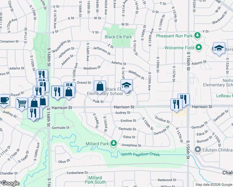 map of restaurants, bars, coffee shops, grocery stores, and more near 16216 Polk Circle in Omaha