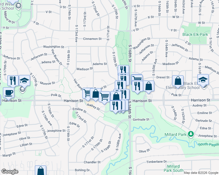 map of restaurants, bars, coffee shops, grocery stores, and more near 6732 South 169th Avenue in Omaha