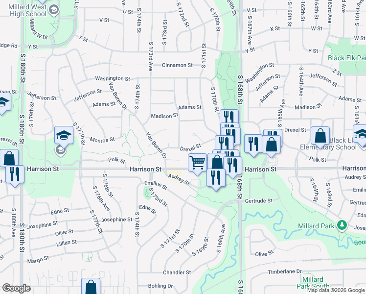 map of restaurants, bars, coffee shops, grocery stores, and more near 17218 Polk Circle in Omaha