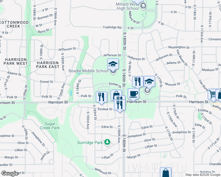 map of restaurants, bars, coffee shops, grocery stores, and more near 6898 South 180th Street in Omaha