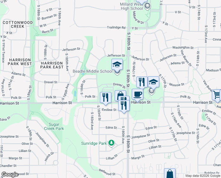 map of restaurants, bars, coffee shops, grocery stores, and more near 18173 Southdale Plaza in Omaha