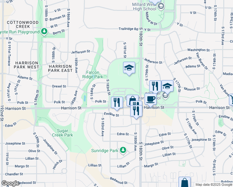 map of restaurants, bars, coffee shops, grocery stores, and more near 18173 Southdale Plaza in Omaha