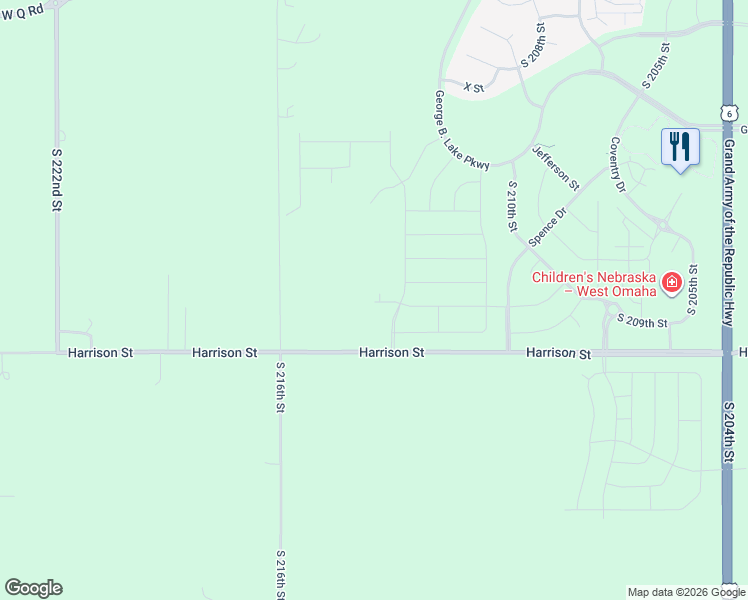 map of restaurants, bars, coffee shops, grocery stores, and more near 21034-21598 Harrison Street in Gretna