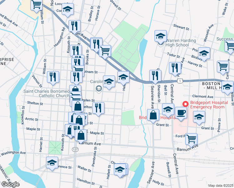 map of restaurants, bars, coffee shops, grocery stores, and more near 776 Hallett Street in Bridgeport