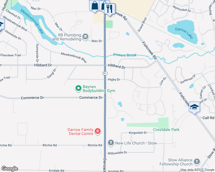 map of restaurants, bars, coffee shops, grocery stores, and more near 4650 Phillip Court in Stow