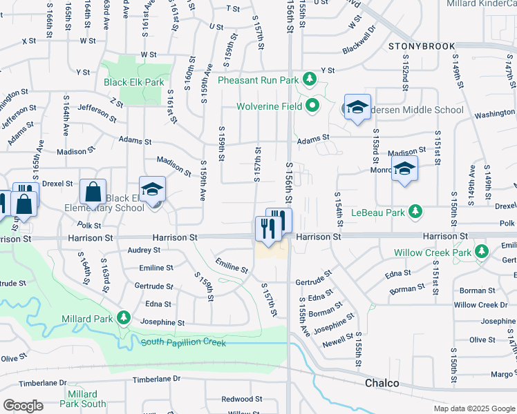 map of restaurants, bars, coffee shops, grocery stores, and more near 15708 Polk Circle in Omaha