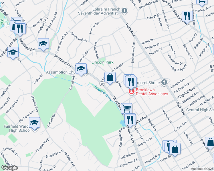 map of restaurants, bars, coffee shops, grocery stores, and more near 369 Stratfield Road in Fairfield