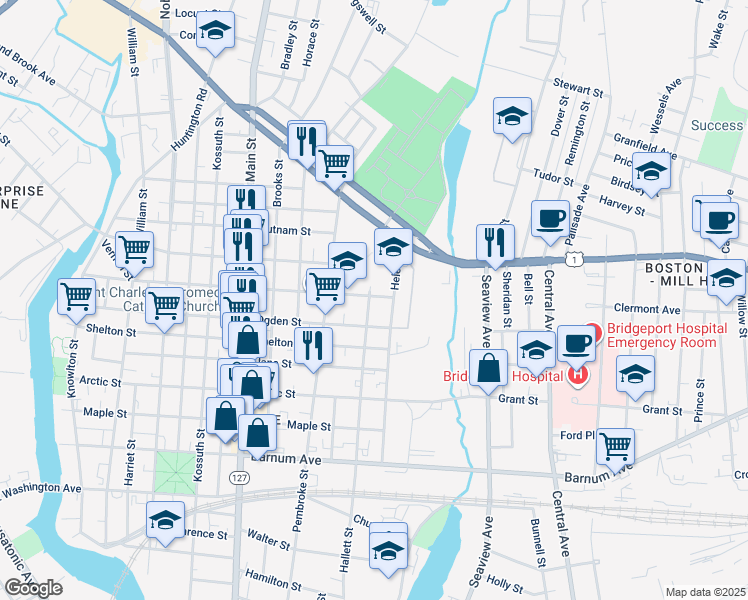 map of restaurants, bars, coffee shops, grocery stores, and more near 780 Hallett Street in Bridgeport