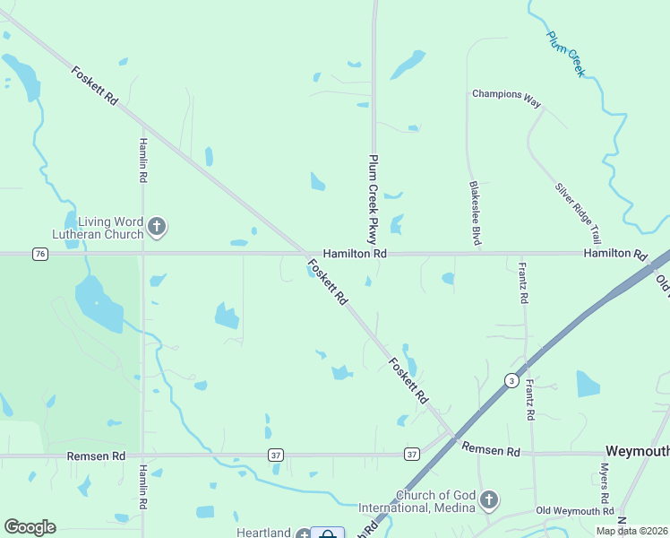 map of restaurants, bars, coffee shops, grocery stores, and more near 3412 Hamilton Road in Medina