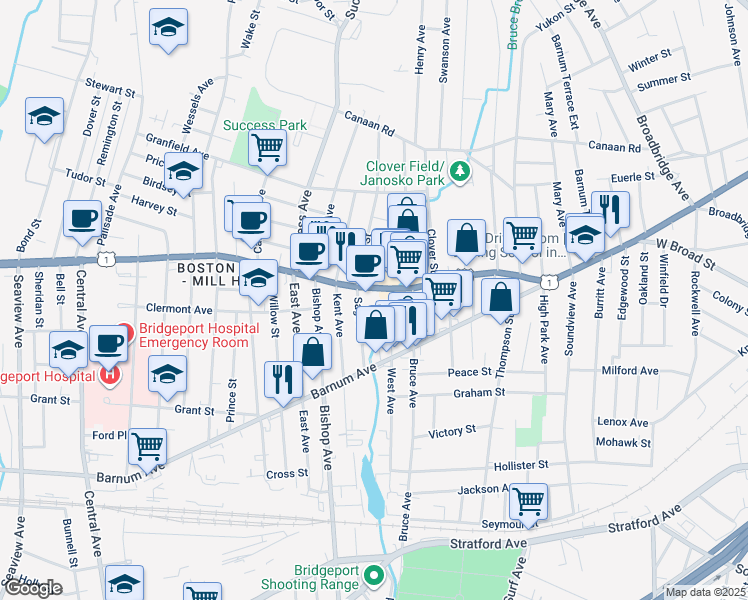 map of restaurants, bars, coffee shops, grocery stores, and more near 100 Sage Avenue in Bridgeport