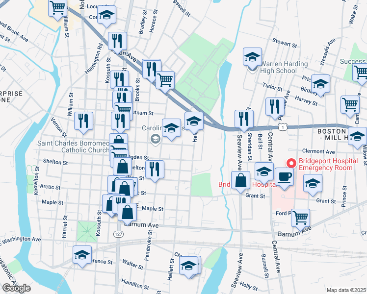 map of restaurants, bars, coffee shops, grocery stores, and more near 782 Hallett Street in Bridgeport