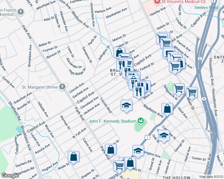 map of restaurants, bars, coffee shops, grocery stores, and more near 135 Cleveland Avenue in Bridgeport