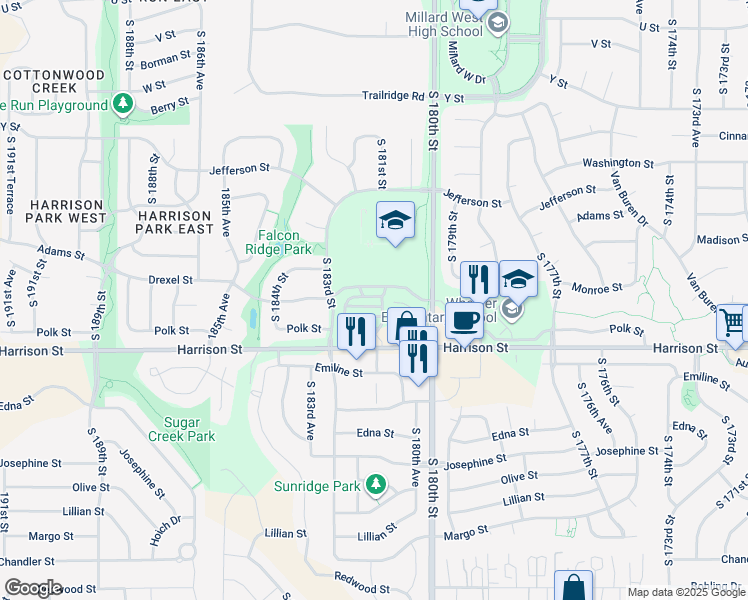 map of restaurants, bars, coffee shops, grocery stores, and more near 18159 Hayes Plaza in Omaha