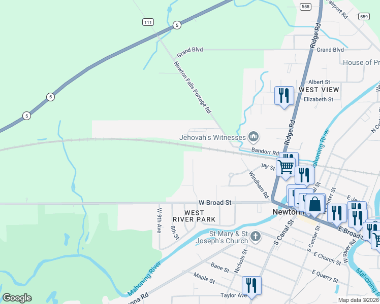 map of restaurants, bars, coffee shops, grocery stores, and more near 53 Eagle Point Drive in Newton Falls