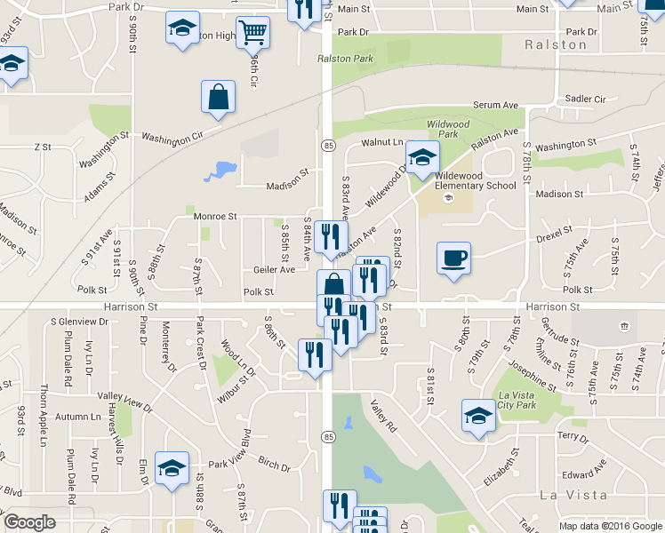 map of restaurants, bars, coffee shops, grocery stores, and more near 6809 South 84th Street in Ralston