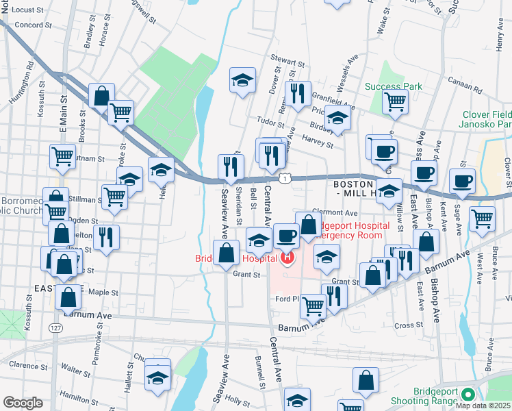map of restaurants, bars, coffee shops, grocery stores, and more near 72 Bell Street in Bridgeport