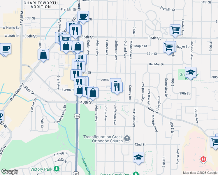 map of restaurants, bars, coffee shops, grocery stores, and more near 585 39th Street in South Ogden