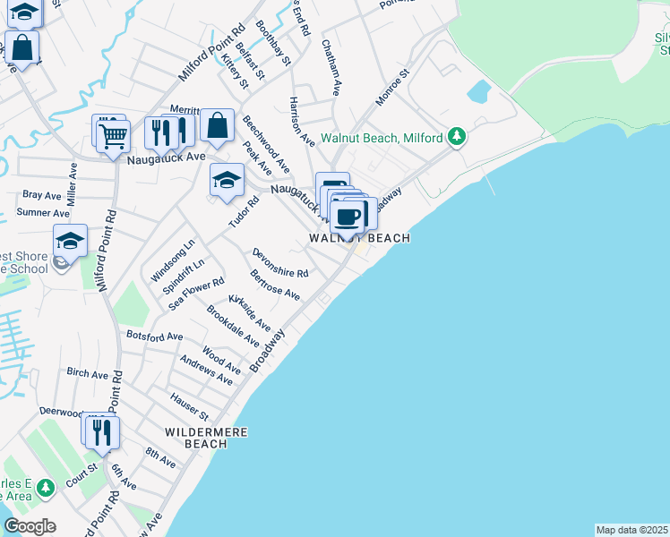 map of restaurants, bars, coffee shops, grocery stores, and more near 16 Stowe Avenue in Milford