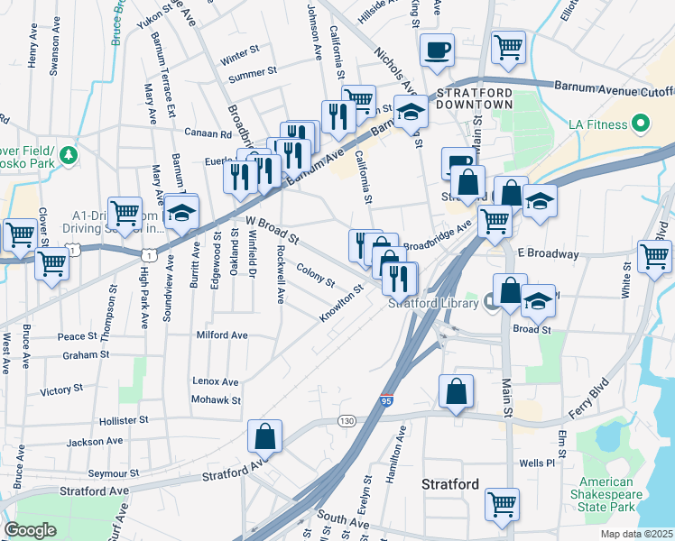 map of restaurants, bars, coffee shops, grocery stores, and more near 35 Colony Street in Stratford