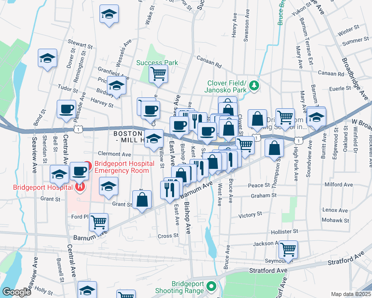map of restaurants, bars, coffee shops, grocery stores, and more near 132 Kent Avenue in Bridgeport