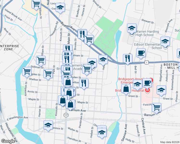 map of restaurants, bars, coffee shops, grocery stores, and more near 713 Ogden Street in Bridgeport