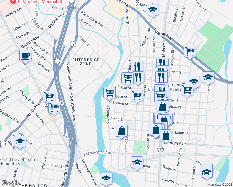 map of restaurants, bars, coffee shops, grocery stores, and more near 143 Shelton Street in Bridgeport
