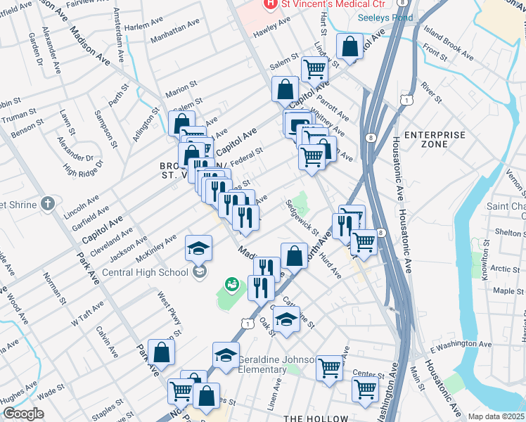 map of restaurants, bars, coffee shops, grocery stores, and more near 126 Beers Street in Bridgeport