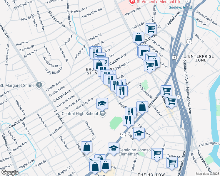 map of restaurants, bars, coffee shops, grocery stores, and more near 28 Taft Avenue in Bridgeport