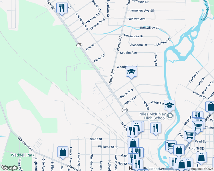 map of restaurants, bars, coffee shops, grocery stores, and more near 1108 North Main Street in Niles