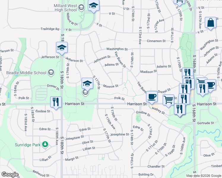 map of restaurants, bars, coffee shops, grocery stores, and more near 17512 Polk Street in Omaha
