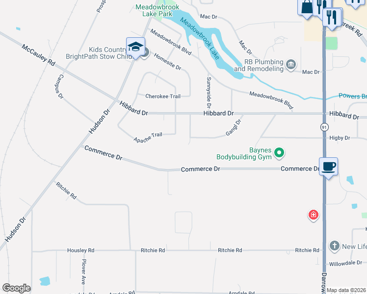map of restaurants, bars, coffee shops, grocery stores, and more near 1501 Commerce Drive in Stow