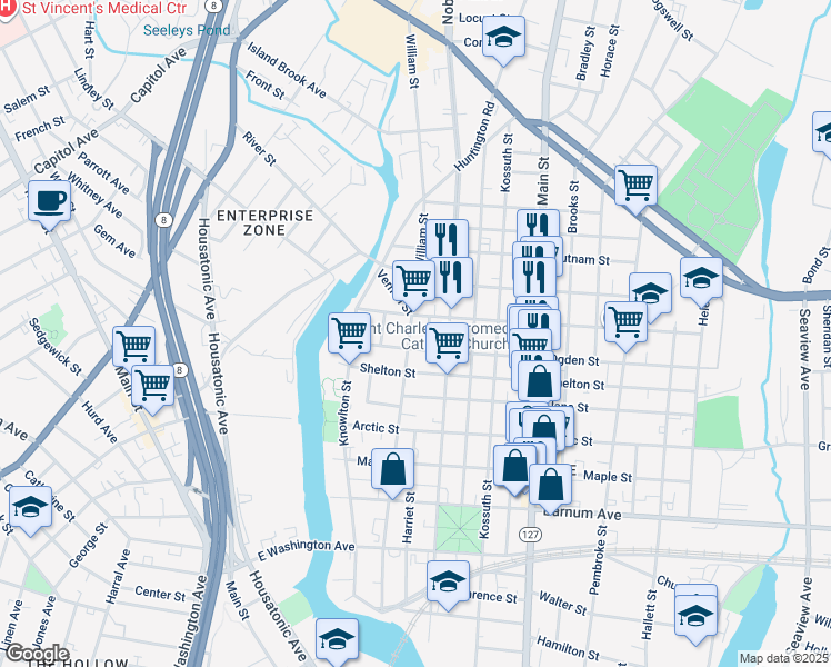 map of restaurants, bars, coffee shops, grocery stores, and more near 582 William Street in Bridgeport