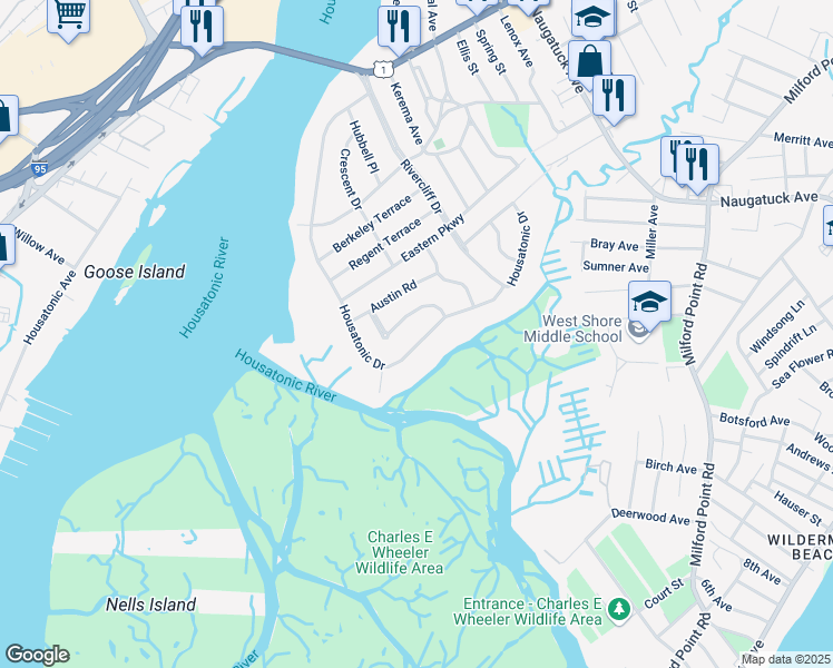 map of restaurants, bars, coffee shops, grocery stores, and more near 56 Kohary Drive in Milford