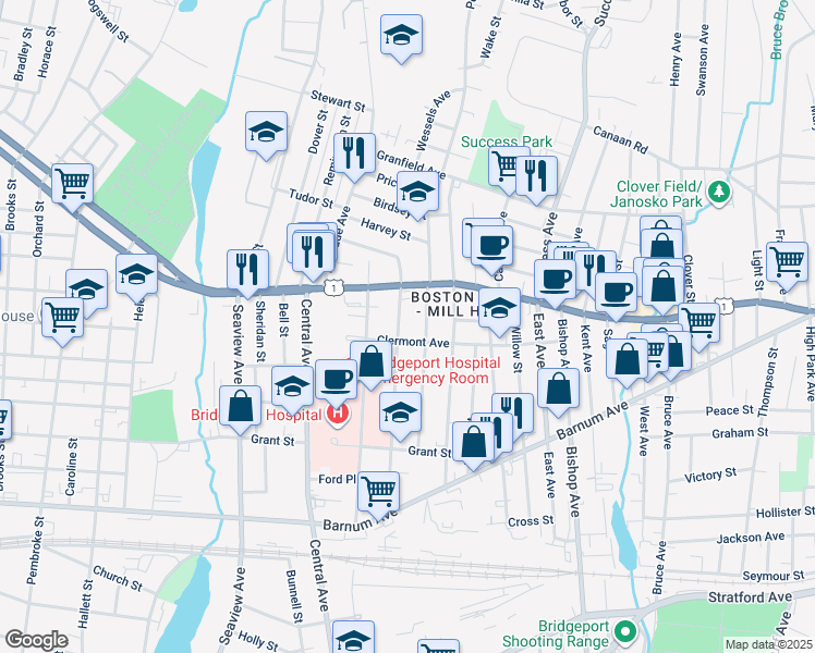 map of restaurants, bars, coffee shops, grocery stores, and more near 423 Ridgefield Avenue in Bridgeport