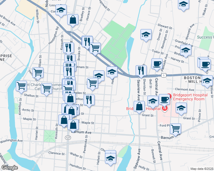 map of restaurants, bars, coffee shops, grocery stores, and more near 474 Helen Street in Bridgeport
