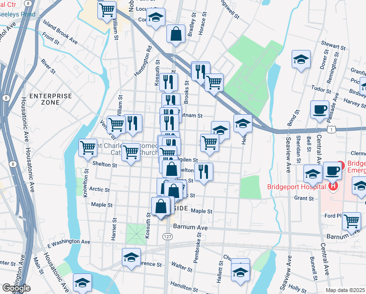 map of restaurants, bars, coffee shops, grocery stores, and more near 506 Brooks Street in Bridgeport