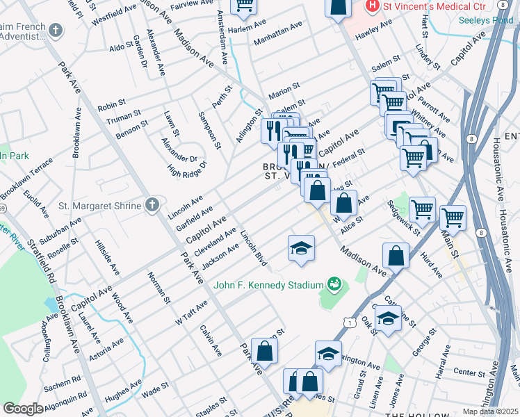 map of restaurants, bars, coffee shops, grocery stores, and more near 967 Capitol Avenue in Bridgeport