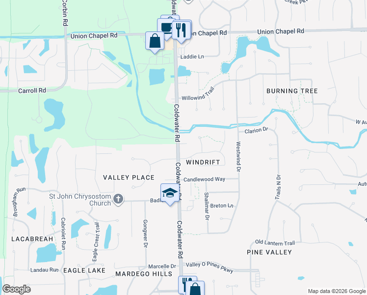 map of restaurants, bars, coffee shops, grocery stores, and more near 12000-12008 Coldwater Road in Fort Wayne