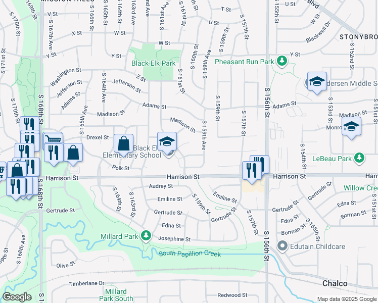 map of restaurants, bars, coffee shops, grocery stores, and more near 16114 Drexel Circle in Omaha