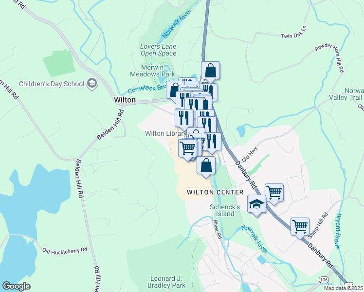 map of restaurants, bars, coffee shops, grocery stores, and more near 12 Godfrey Place in Wilton