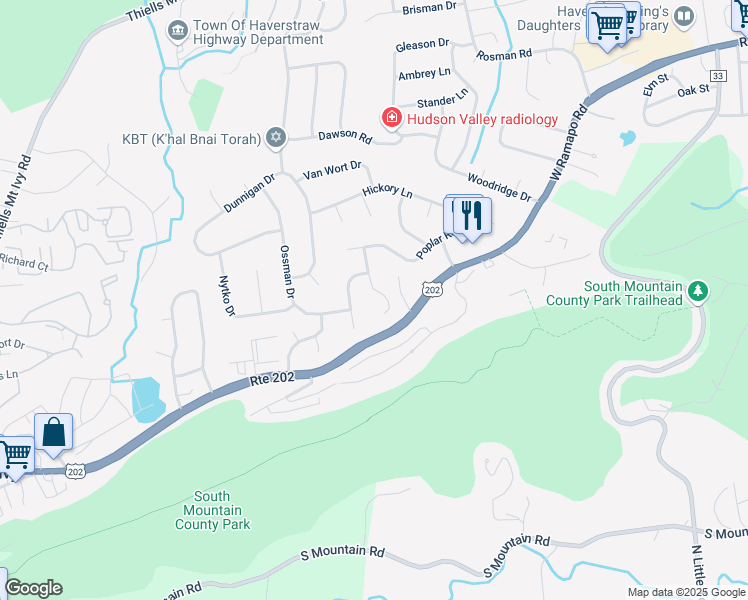 map of restaurants, bars, coffee shops, grocery stores, and more near 6 De Noyelle Circle in Mount Ivy