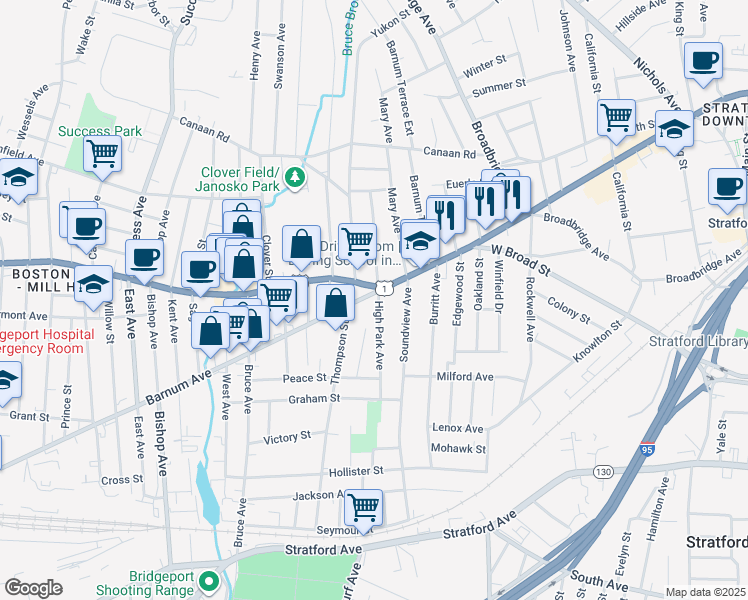 map of restaurants, bars, coffee shops, grocery stores, and more near 1950 Barnum Avenue in Stratford