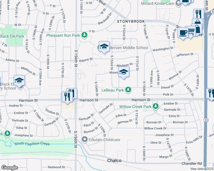 map of restaurants, bars, coffee shops, grocery stores, and more near 6624 South 153rd Street in Omaha