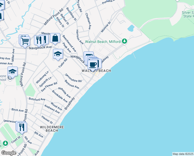 map of restaurants, bars, coffee shops, grocery stores, and more near in Milford