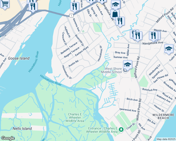 map of restaurants, bars, coffee shops, grocery stores, and more near 359 Housatonic Drive in Milford