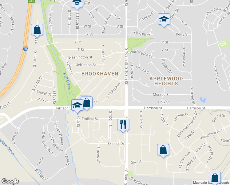 map of restaurants, bars, coffee shops, grocery stores, and more near 6529 South 108th Avenue in Omaha