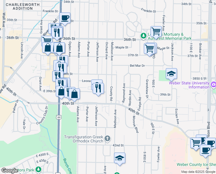 map of restaurants, bars, coffee shops, grocery stores, and more near 3831 Orchard Avenue in Ogden